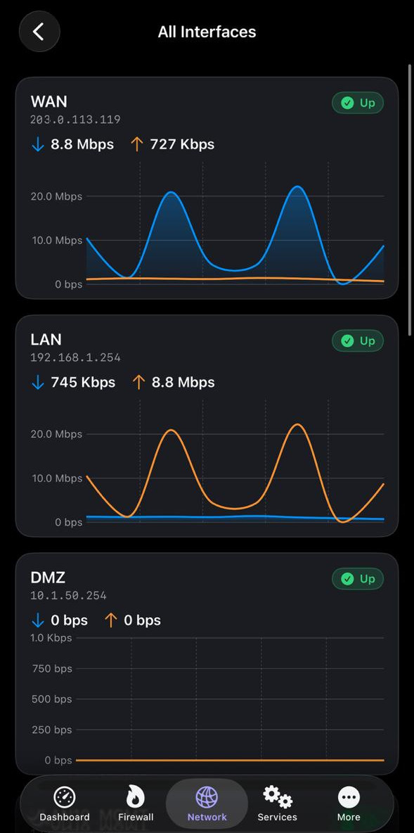 All interfaces on iPhone in dark mode with WAN, LAN and DMZ throughput charts